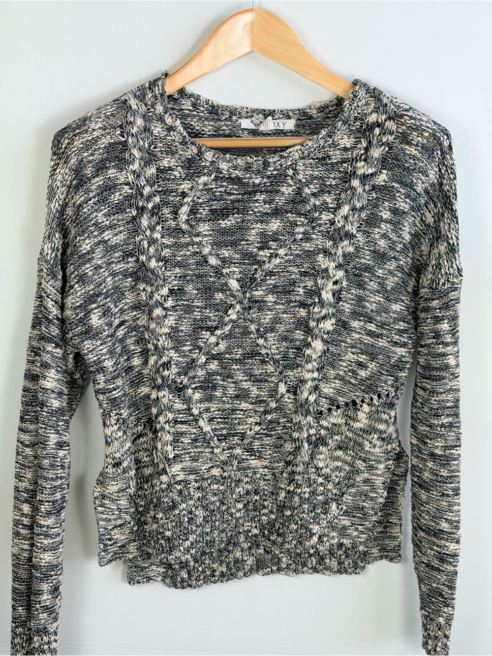 Roxy Chunky Cable Knit Cropped Sweater Cozy Textured Open Knit Marled Medium